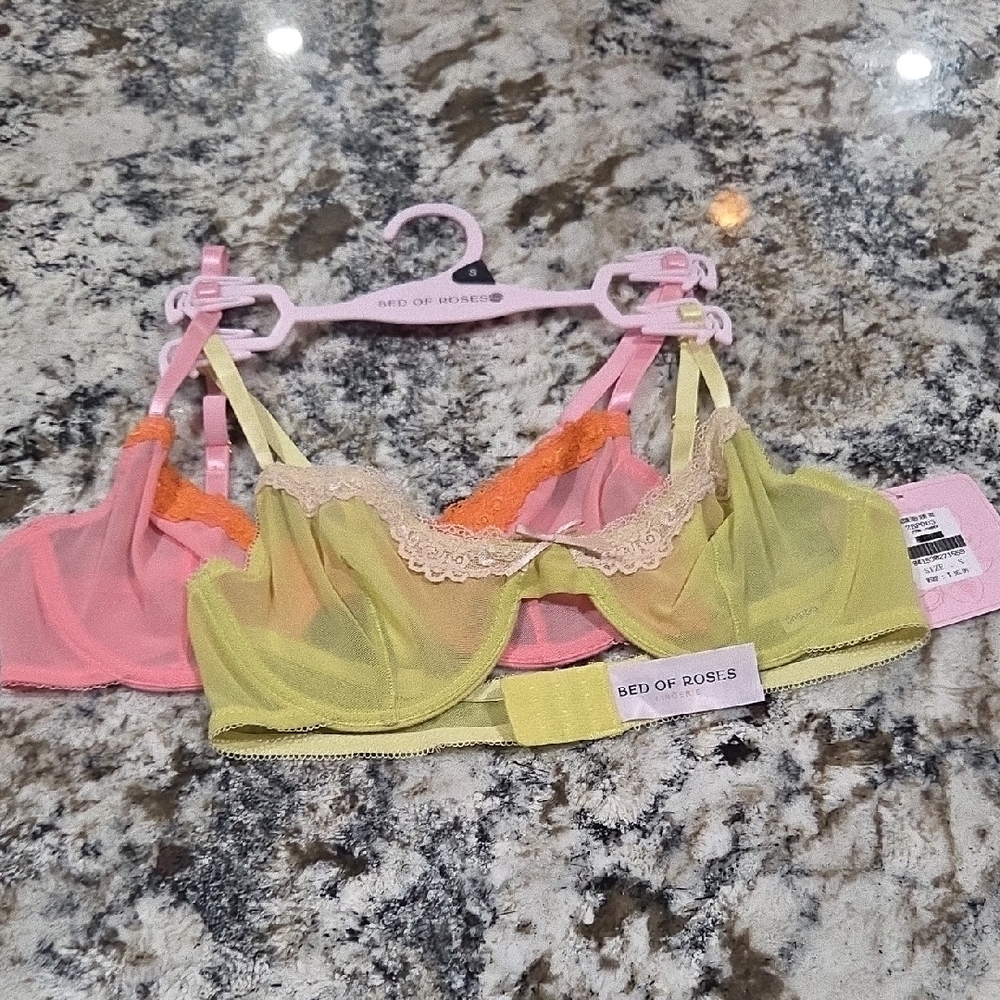 Bed Of Roses Pink and Yellow Lace Bras Set